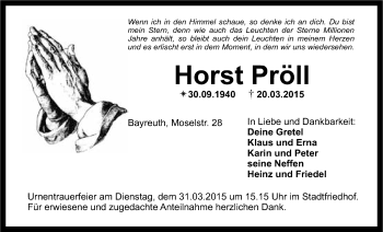 Anzeige von Horst Pröll von Nordbayerischer Kurier