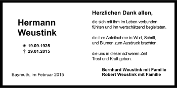 Anzeige von Hermann Weustink von Nordbayerischer Kurier