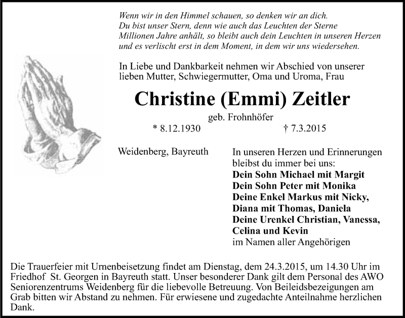  Traueranzeige für Christine Zeitler vom 21.03.2015 aus Nordbayerischer Kurier