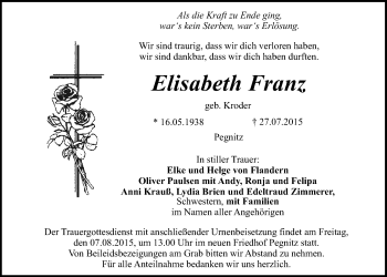 Anzeige von Elisabeth Franz von Nordbayerischer Kurier