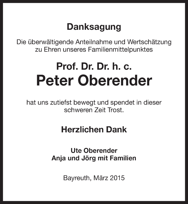  Traueranzeige für Peter Oberender vom 07.03.2015 aus Nordbayerischer Kurier