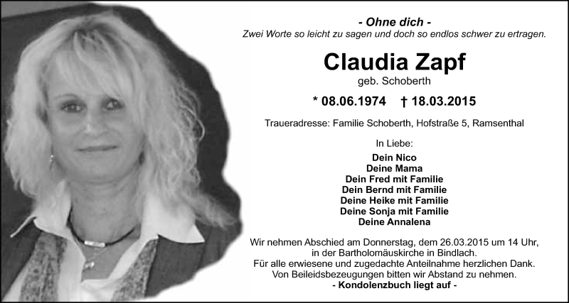  Traueranzeige für Claudia Zapf vom 24.03.2015 aus Nordbayerischer Kurier