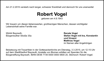 Anzeige von Robert Vogel von Nordbayerischer Kurier