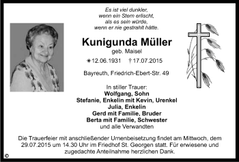 Anzeige von Kunigunda Müller von Nordbayerischer Kurier