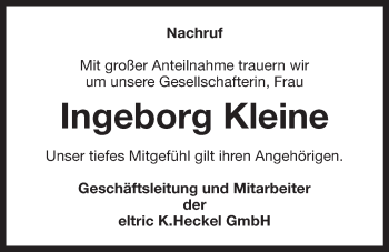 Anzeige von Ingeborg Kleine von Nordbayerischer Kurier
