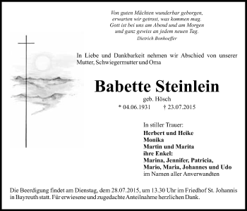 Anzeige von Babette Steinlein von Nordbayerischer Kurier