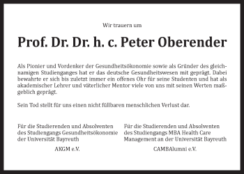 Anzeige von Peter Oberender von Nordbayerischer Kurier