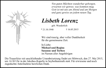 Anzeige von Lisbeth Lorenz von Nordbayerischer Kurier