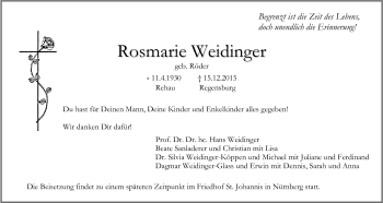 Anzeige von Rosmarie Weidinger von Nordbayerischer Kurier