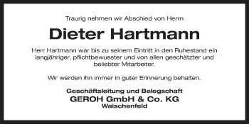 Anzeige von Dieter Hartmann von Nordbayerischer Kurier