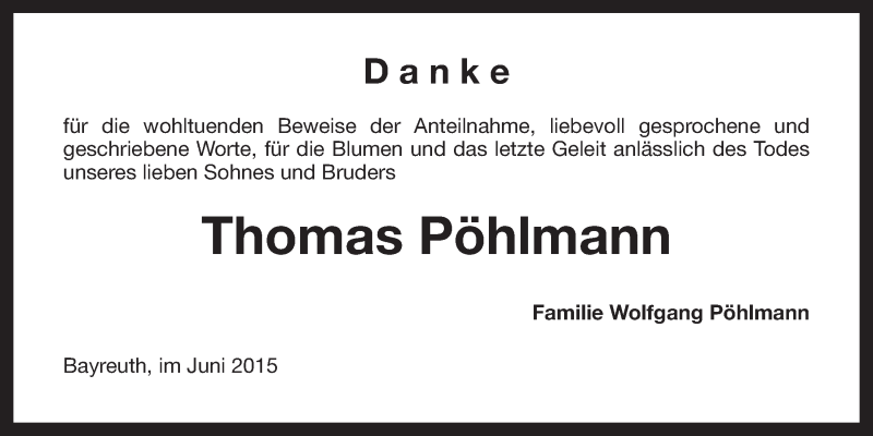  Traueranzeige für Thomas Pöhlmann vom 20.06.2015 aus Nordbayerischer Kurier