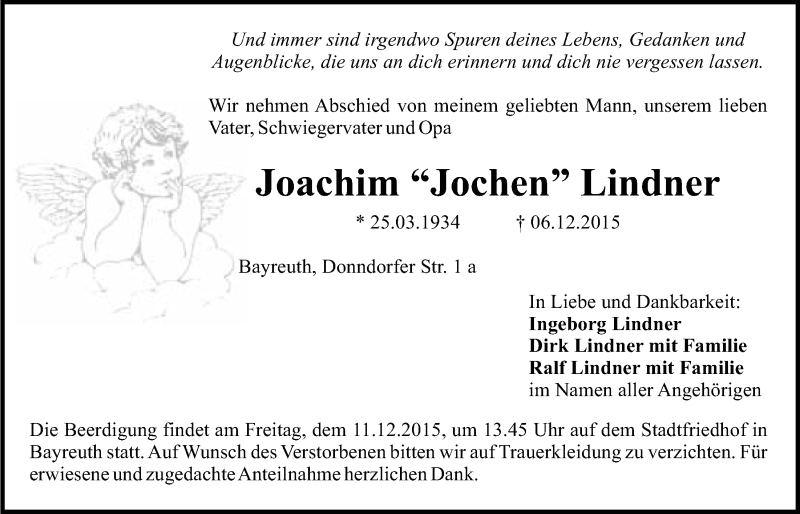  Traueranzeige für Joachim Lindner vom 08.12.2015 aus Nordbayerischer Kurier