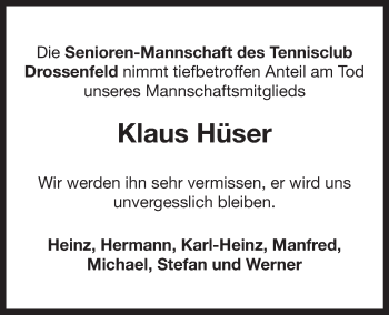 Anzeige von Klaus Hüser von Nordbayerischer Kurier