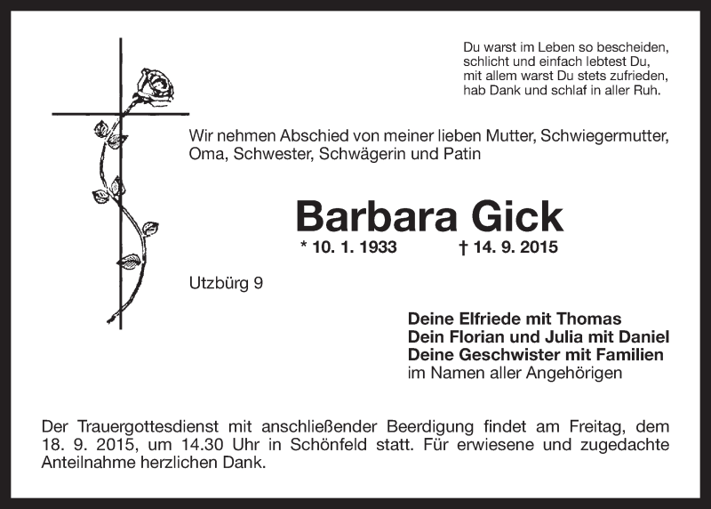  Traueranzeige für Barbara Gick vom 17.09.2015 aus Nordbayerischer Kurier