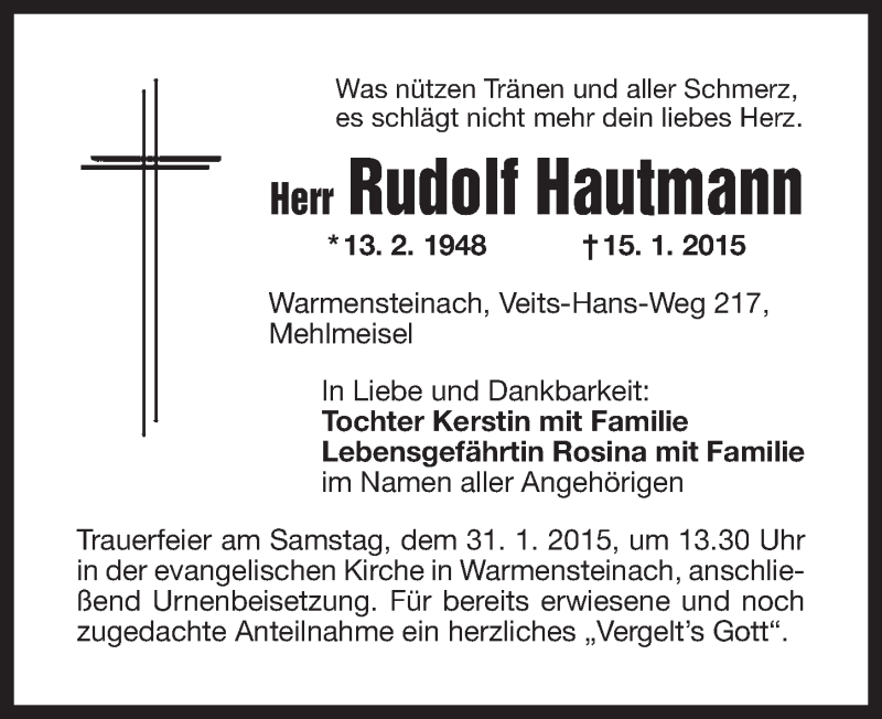  Traueranzeige für Rudolf Hautmann vom 29.01.2015 aus Nordbayerischer Kurier