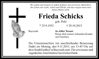 Anzeige von Frieda Schicks von Nordbayerischer Kurier