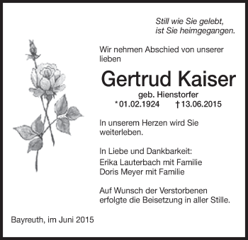 Anzeige von Gertrud Kaiser von Nordbayerischer Kurier