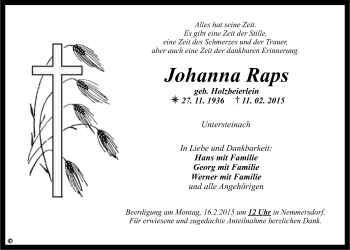 Anzeige von Johanna Raps von Nordbayerischer Kurier