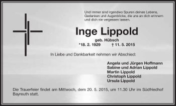 Anzeige von Inge Lippold von Nordbayerischer Kurier
