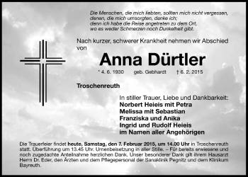 Anzeige von Anna Dürtler von Nordbayerischer Kurier