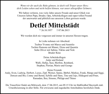 Anzeige von Detlef Mittelstädt von Nordbayerischer Kurier