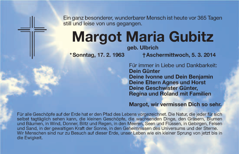  Traueranzeige für Margot Maria Gubitz vom 05.03.2015 aus Nordbayerischer Kurier