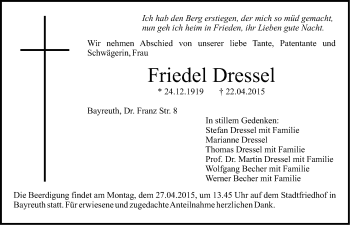 Anzeige von Friedel Dressel von Nordbayerischer Kurier