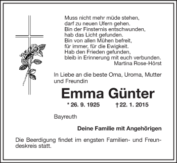 Anzeige von Emma Günter von Nordbayerischer Kurier