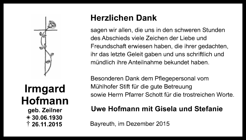  Traueranzeige für Irmgard Hofmann vom 12.12.2015 aus Nordbayerischer Kurier