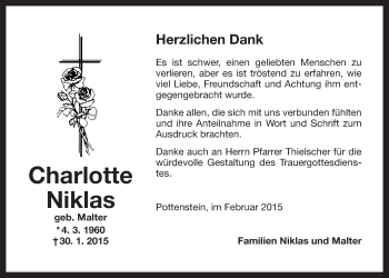 Anzeige von Charlotte Niklas von Nordbayerischer Kurier