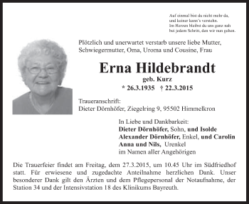 Anzeige von Erna Hildebrandt von Nordbayerischer Kurier