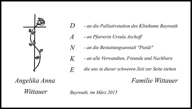  Traueranzeige für Angelika Anna Wittauer vom 21.03.2015 aus Nordbayerischer Kurier