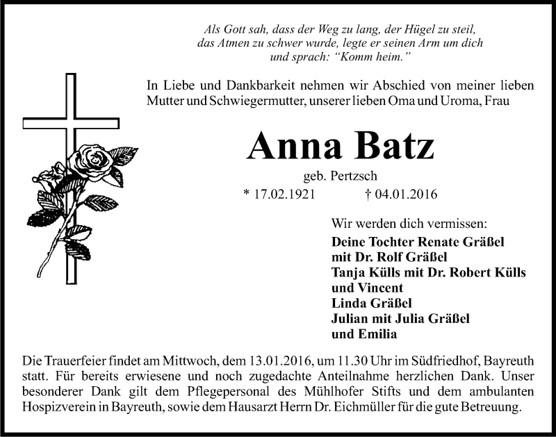  Traueranzeige für Anna Batz vom 09.01.2016 aus Nordbayerischer Kurier