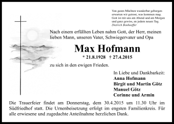 Anzeige von Max Hofmann von Nordbayerischer Kurier