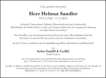 Anzeige von Helmut Sandler von Nordbayerischer Kurier