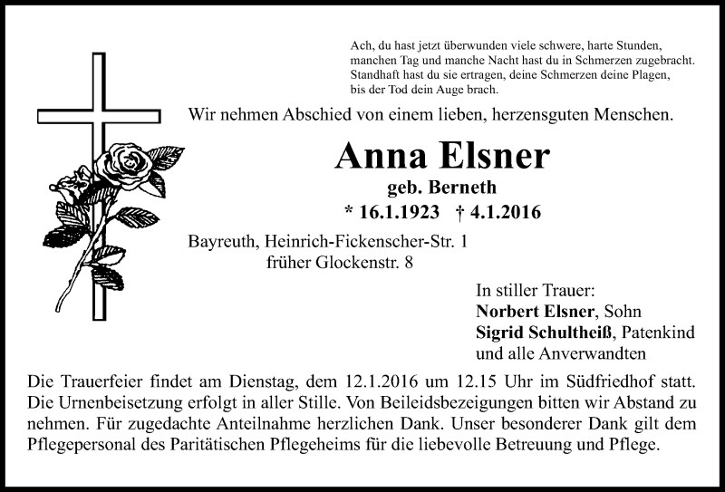  Traueranzeige für Anna Elsner vom 09.01.2016 aus Nordbayerischer Kurier