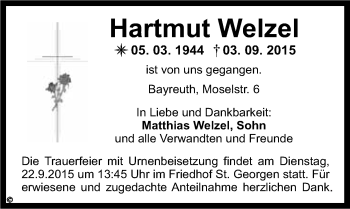 Anzeige von Hartmut Welzel von Nordbayerischer Kurier
