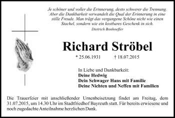 Anzeige von Richard Ströbel von Nordbayerischer Kurier