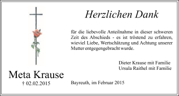 Anzeige von Meta Krause von Nordbayerischer Kurier