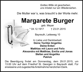 Anzeige von Margarete Burger von Nordbayerischer Kurier