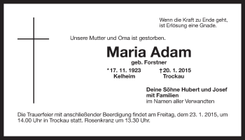 Anzeige von Maria Adam von Nordbayerischer Kurier