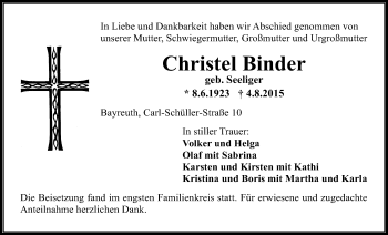 Anzeige von Christel Binder von Nordbayerischer Kurier