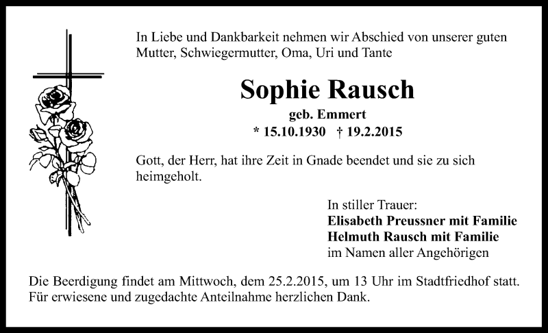  Traueranzeige für Sophie Rausch vom 21.02.2015 aus Nordbayerischer Kurier