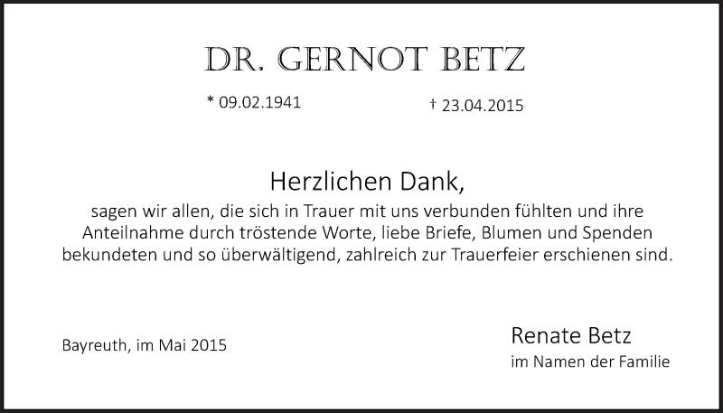  Traueranzeige für Gernot Betz vom 16.05.2015 aus Nordbayerischer Kurier