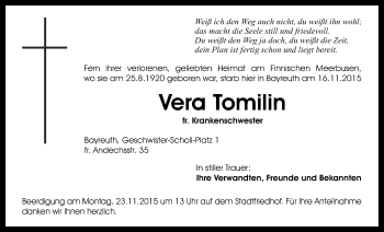 Anzeige von Vera Tomilin von Nordbayerischer Kurier