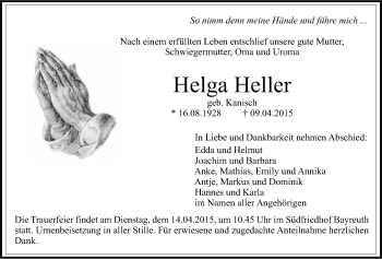 Anzeige von Helga Heller von Nordbayerischer Kurier