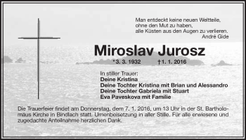 Anzeige von Miroslav Jurosz von Nordbayerischer Kurier