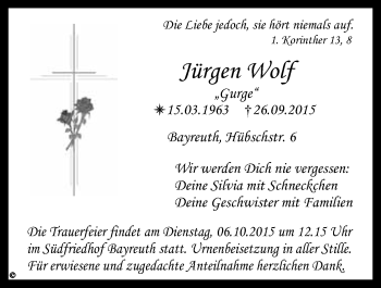 Anzeige von Jürgen Wolf von Nordbayerischer Kurier