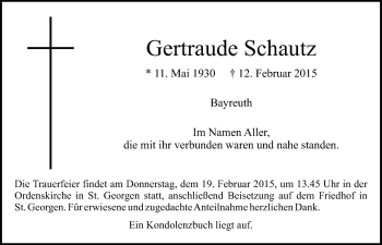 Anzeige von Gertraude Schautz von Nordbayerischer Kurier