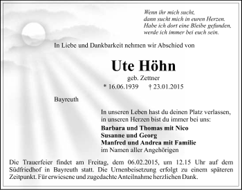 Anzeige von Ute Höhn von Nordbayerischer Kurier